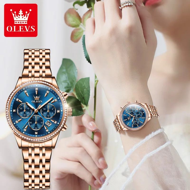 Olevs original Damen uhren Luxus multifunktion ale wasserdichte leuchtende Mode Quarz Kalender Edelstahl armband