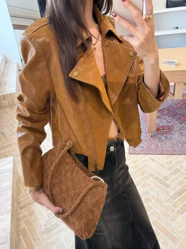 

Американский ретро-жакет из коричневой искусственной кожи для женщин, весна 2026, облегающий, в стиле байкерской одежды, на молнии