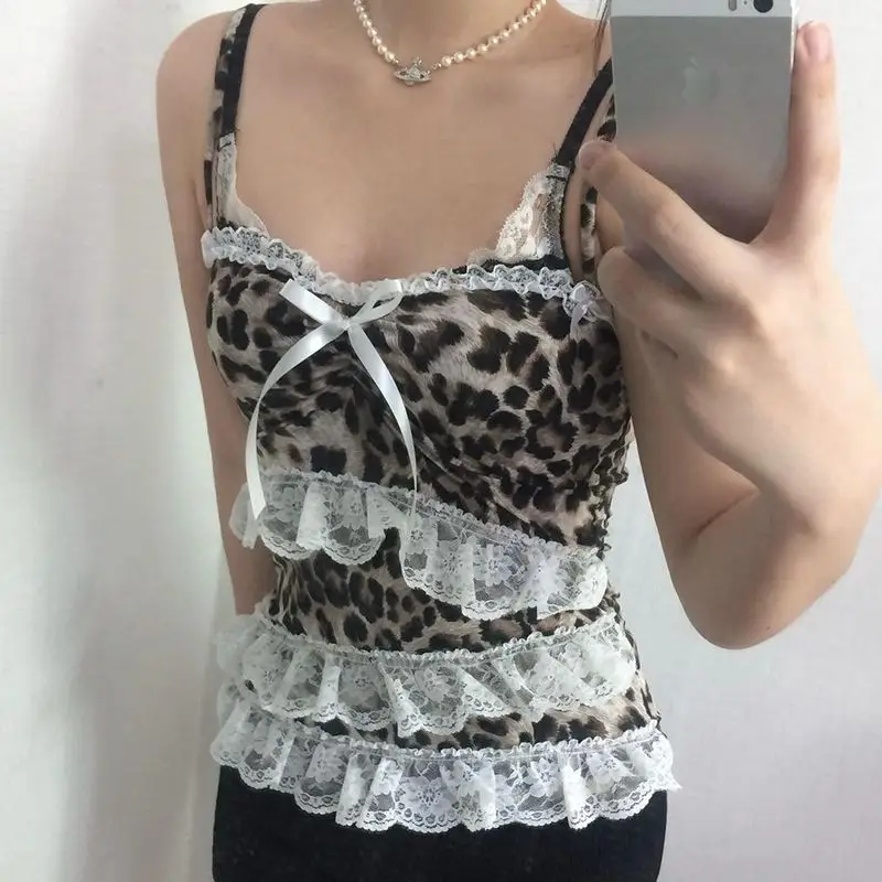 

Camisole Bow Leopard Print Lace Ruffle Patchwork Camis Brown Coquette Aesthetic Slim-Fit Tank Tops Y2K Cute Fairycore Vest Cute