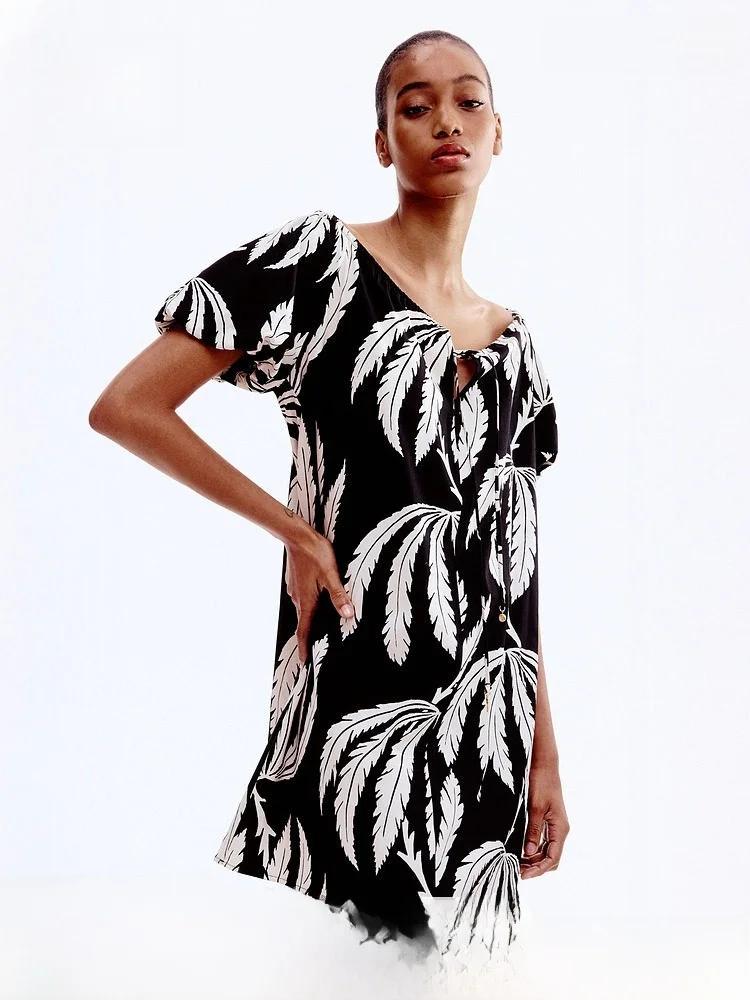 

H&M Women's Svel A-Line Dr Spring Loose Dstring Ne Design Floral Print Skirt l Waist Lantern Sve Cotton