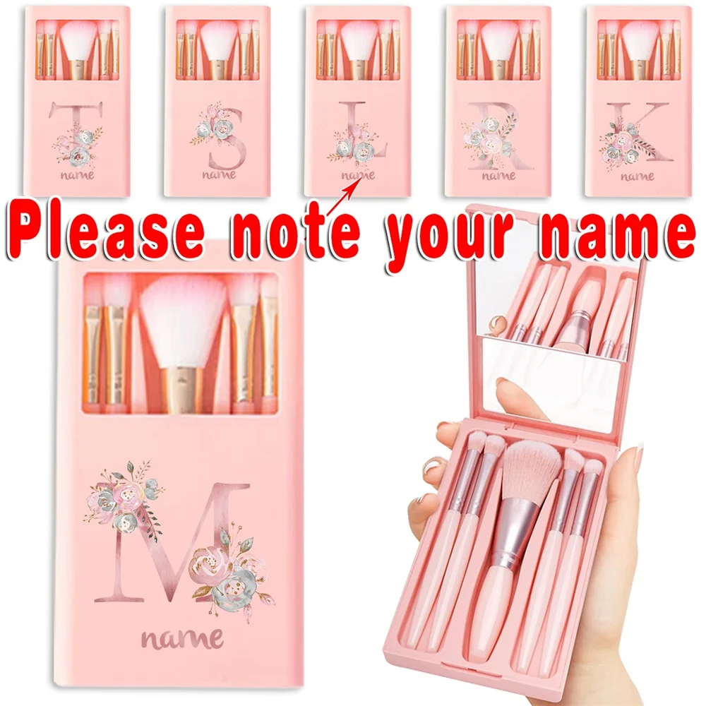 

Customized Name 5Pcs Pocket Makeup Brush Kit With Mirror Box Eyeshadow Brush Set Portable Multifunction Organizer Cosmetic Tool