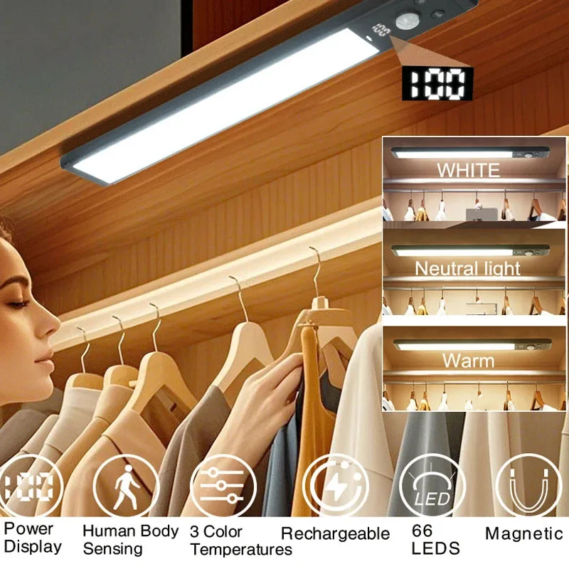 LED Night Light With Motion Sensor USB Rechargeable Under Cabinet Lamp Digital Display 3 Colors Magnetic For Room Kitchen