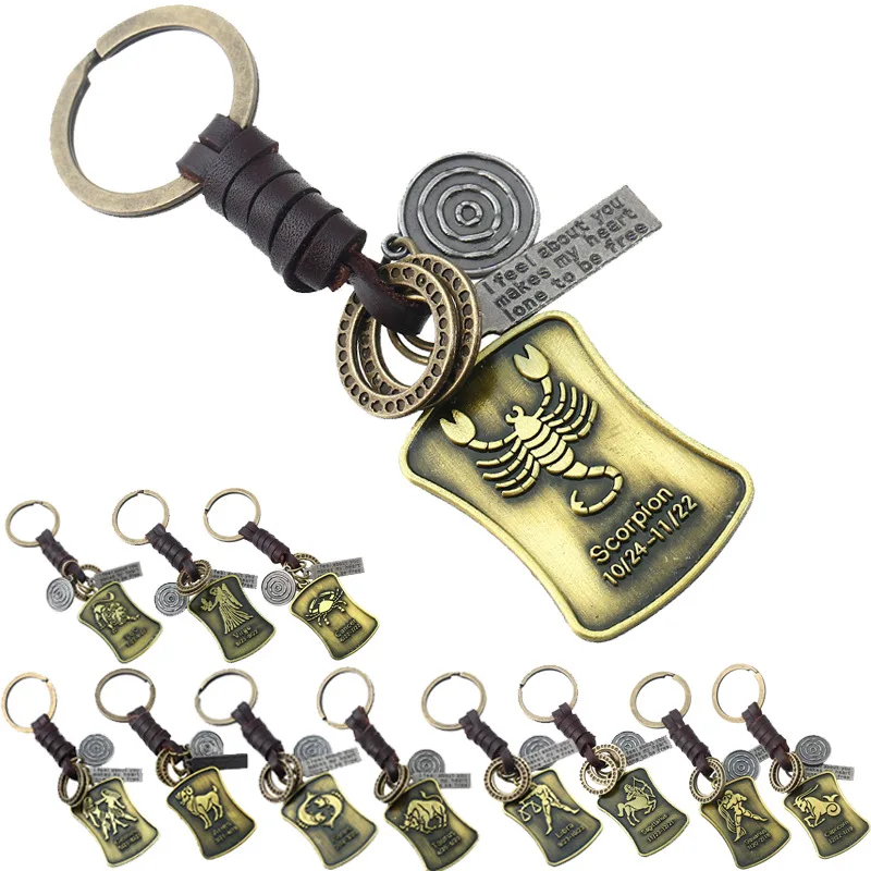 for 12 Zodiac Signs Leather Keychain Handmade Vintage Braided Key Ring Minimalist Car Key Holder Small Gift Accessory