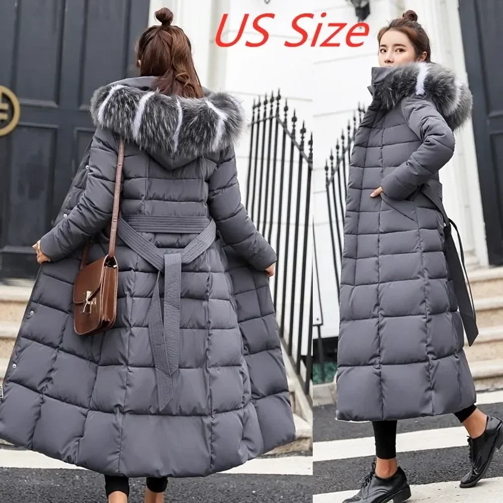 

2025 Winter Women's Jacket Warm Fashion Comfortable Bow Belt Fox Fur Collar Clothes Long Dress Office Casual Women's Thick Coat