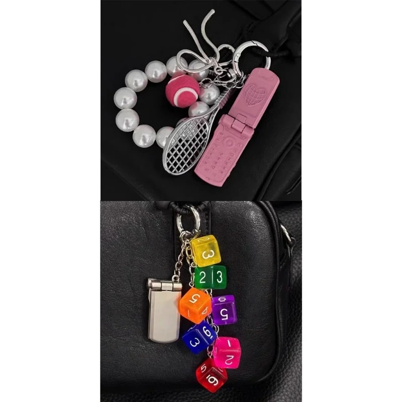 Miniature Phone Charm Keychain Handmade Bag Pendant Dices String Bowknot Beaded Keyring Fashion Backpack Accessory