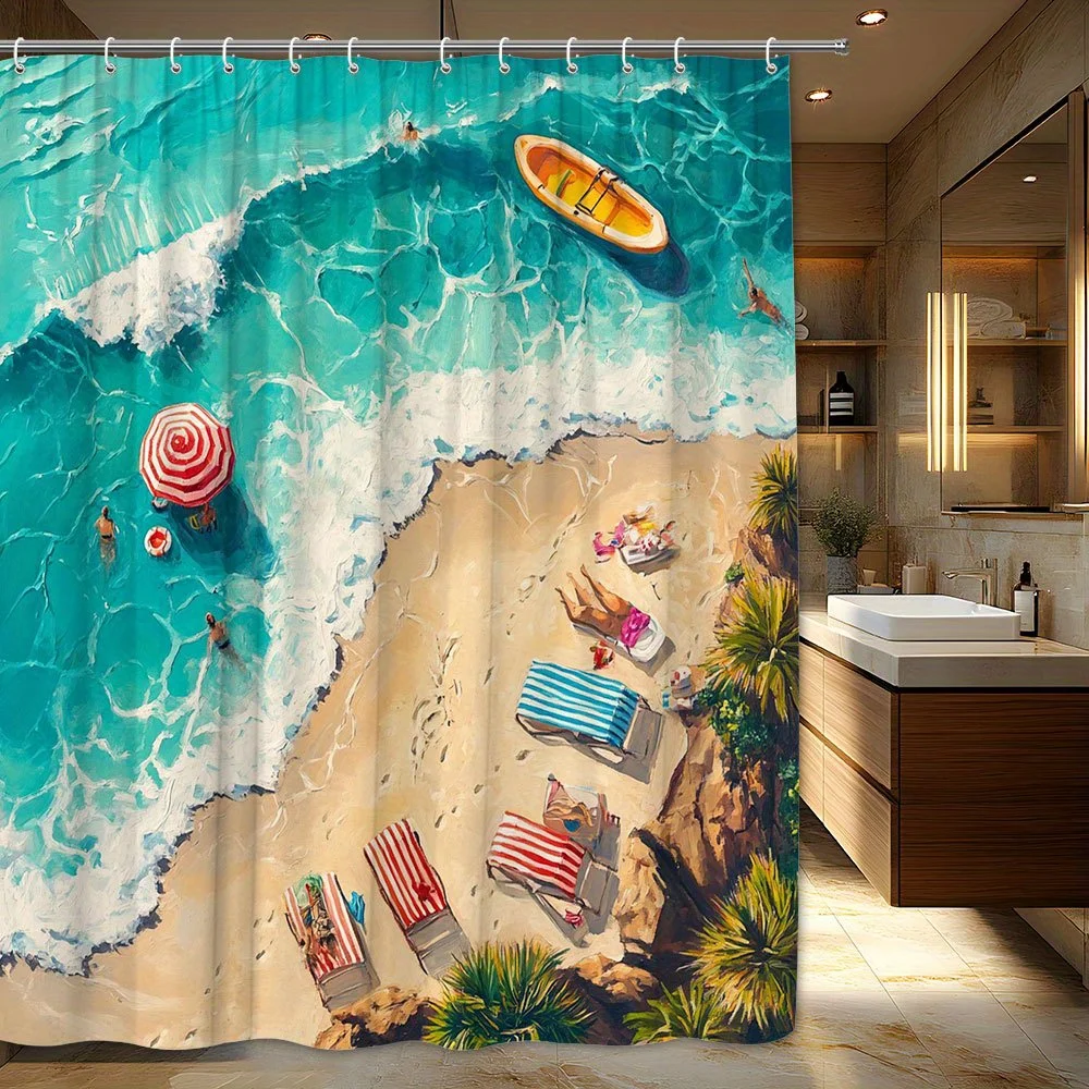 

1pc Vibrant Beach Scene Shower Curtain with 12 Hooks - Colorful Summer Vacation Design, Turquoise Ocean & Sandy Beach Chairs,