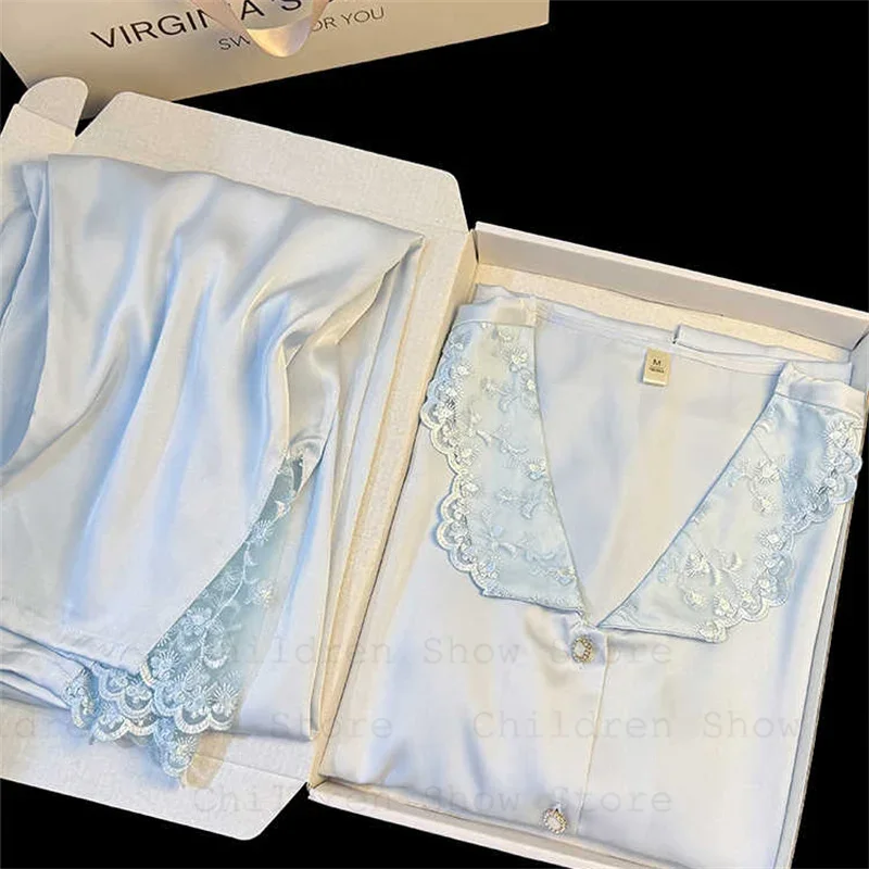 New Ice Silk Loungewear Fairy Full Sleeve Tops Pants Two Piece Sets Satin Princess Sleepwear Nightwear Lace Women Pajamas