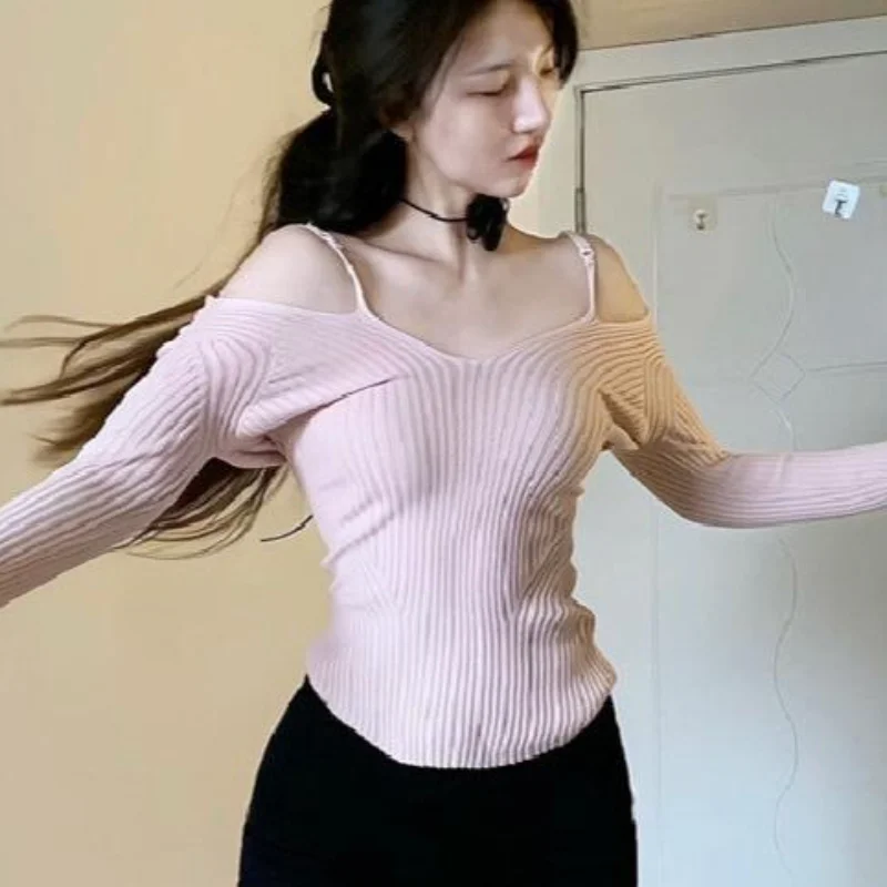 

Женская хлопковая футболка с длинным рукавом, квадратным вырезом, открытыми плечами, приталенная, сексуальная, модная, базовая модель для весны и осени