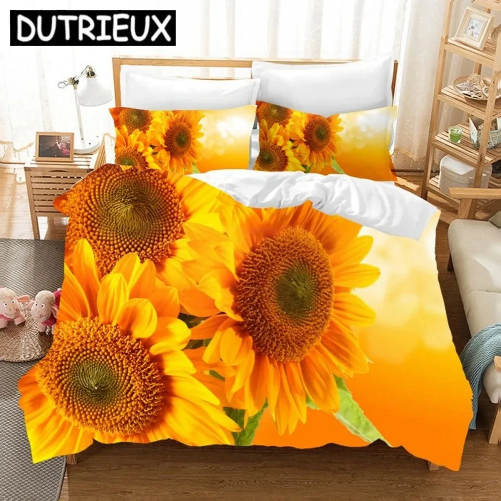 

Orange Sunflower Printed Bedding Set For Lover Couples Gift Flower Pattern Duvet Cover Quilt Home Use Bedlines Double Bed Quilt