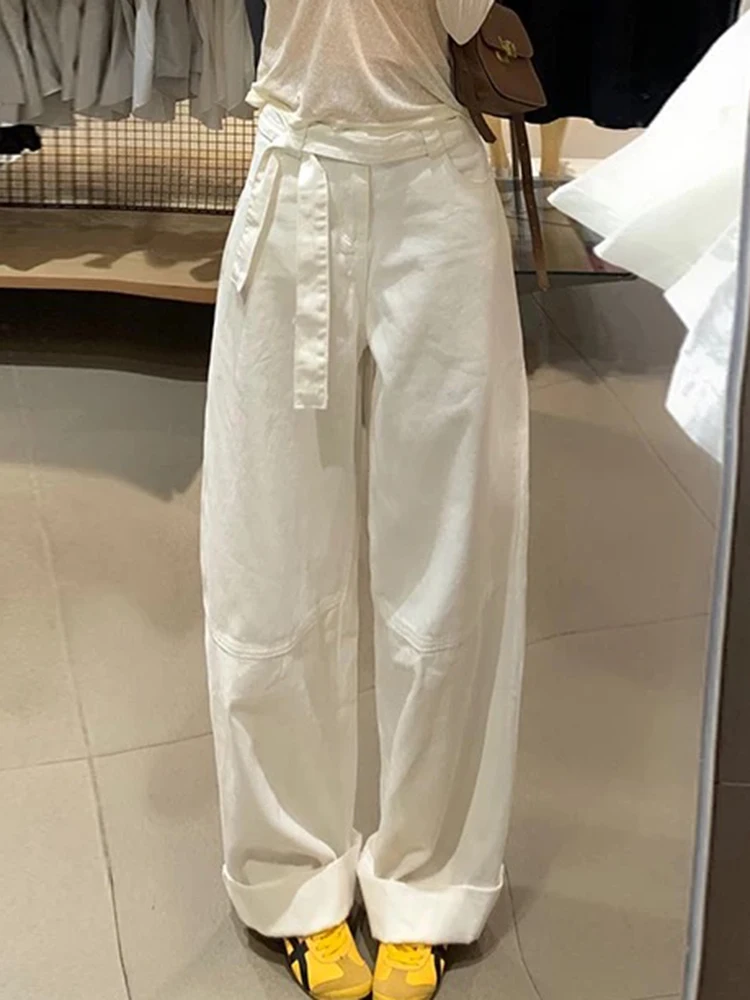 Women Adjustable Ribbon White Jeans Trendy High Waisted Wide Leg Pants Summer Loose Casual Floor Length Trousers