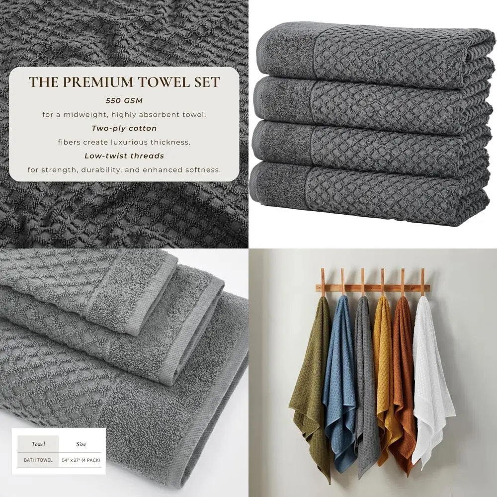 

4-Pack Dark Grey Cotton Bath Towels - 54x27 Set, Soft, Durable, Fast-Drying for Bathroom Use