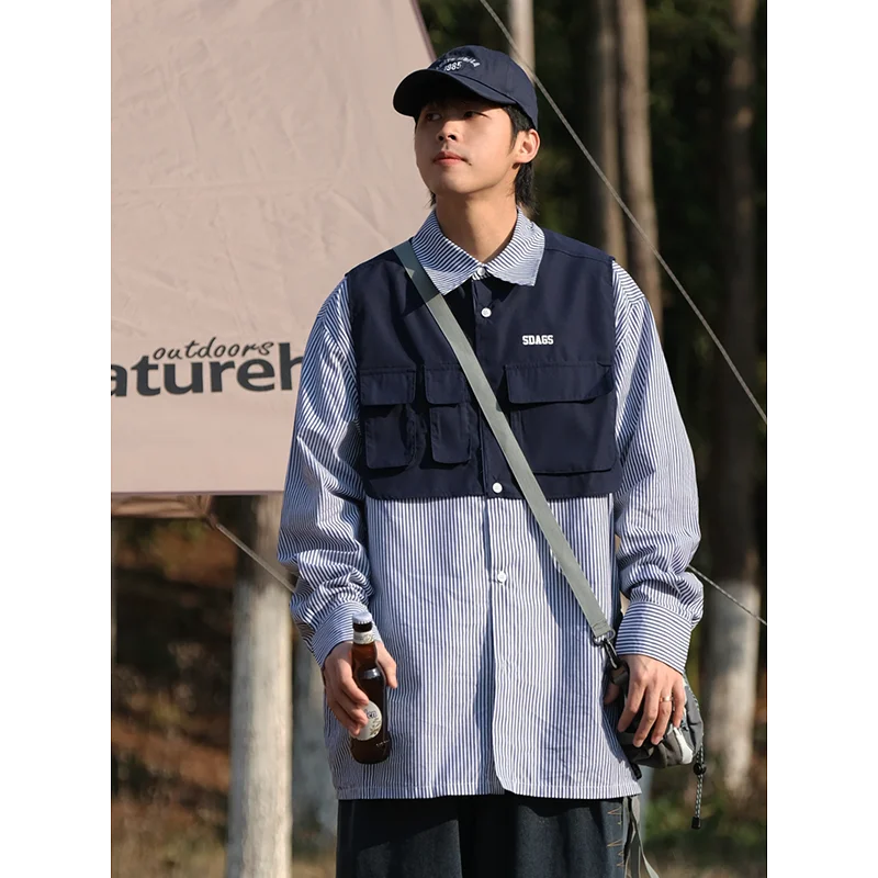 

Свободный крой, мужская полосатая повседневная верхняя одежда, большой размер 300, осенний сезон, корейский Sle Long Sve, модная повседневная верхняя одежда из полиэстера