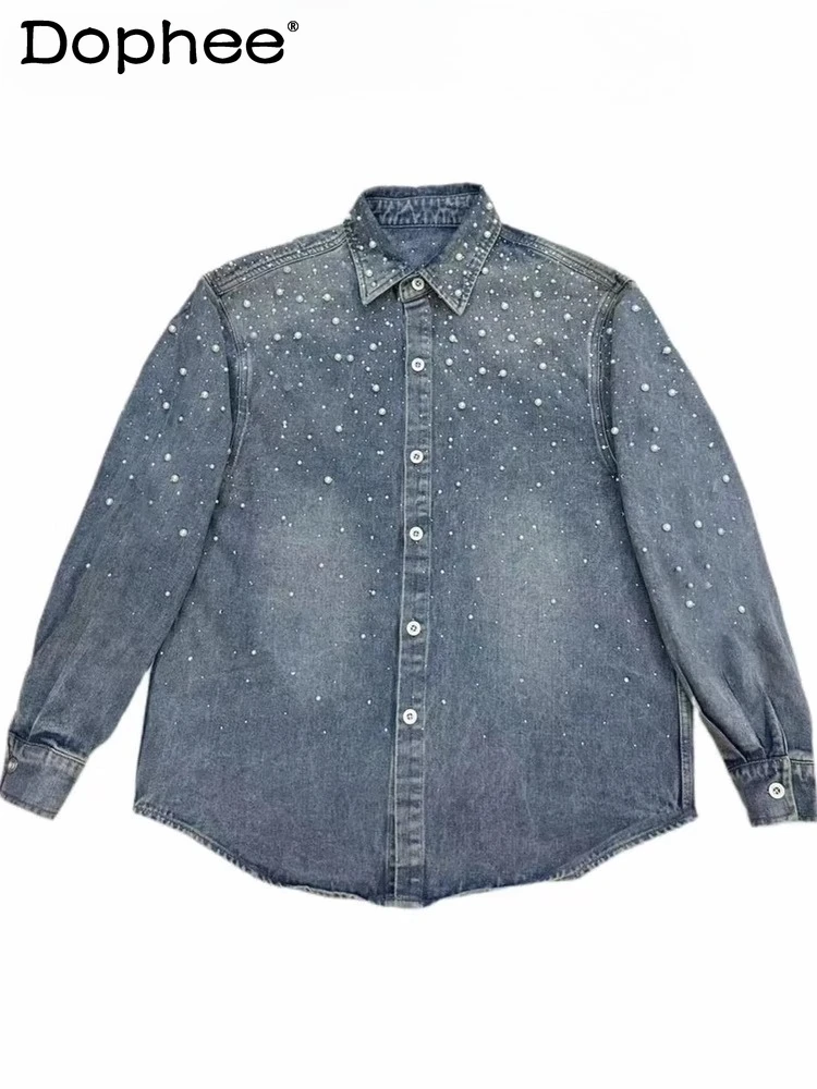 خريف جديد النمط الياباني الأصلي الدنيم قميص طويل الأكمام غسلها خمر اللؤلؤ الثقيلة التطريز حجر الراين سترة للجنسين #1