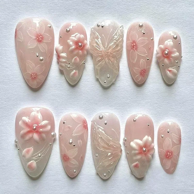 24 piezas uñas postizas almendra con flores rosas kawaii 2
