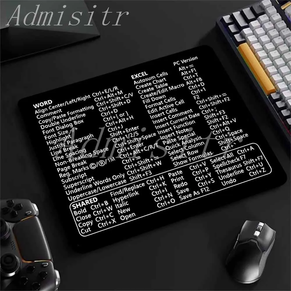 Shortcuts Black Mouse Pad Small Office Software Excel Mousepad Smooth Cloth with Non-Slip Rubber Base for Home Computer Laptop