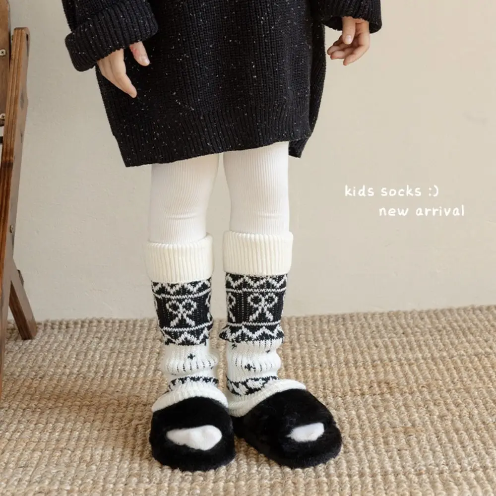 Retro Bowknot Kids Leg Warmers Knitted Thickened Lolita Long Socks Solid Color Keep Warm Mid-Calf Sock Winter