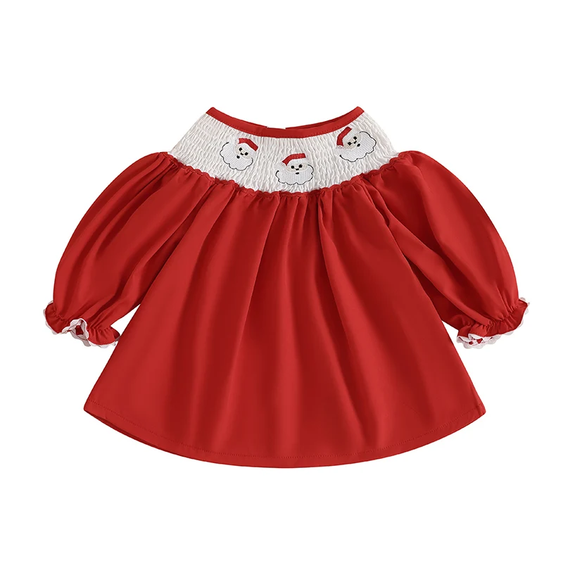 

Little Girl Christmas Dress Shirred Santa Claus Embroidery Round Neck Ruffle Sleeve Dress for Daily School Party