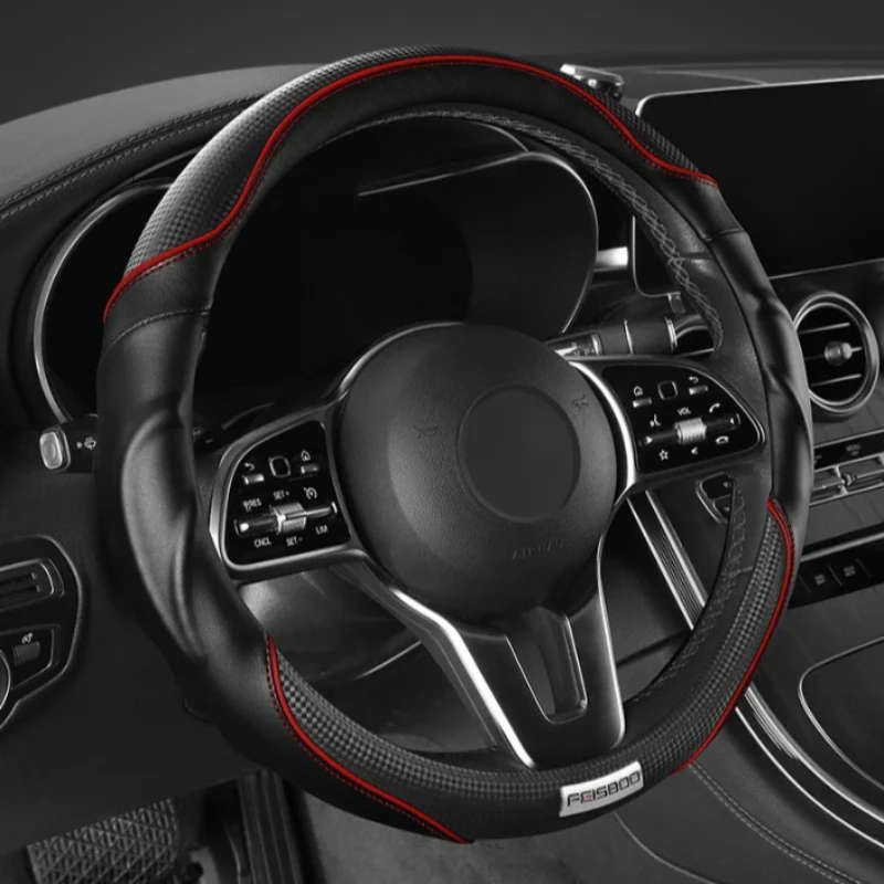 38cm High-Quality Leather Carbon Fiber Car Steering Wheel Cover Universal All-Season Anti-Slip Summer Handle Wrap for Vehicle