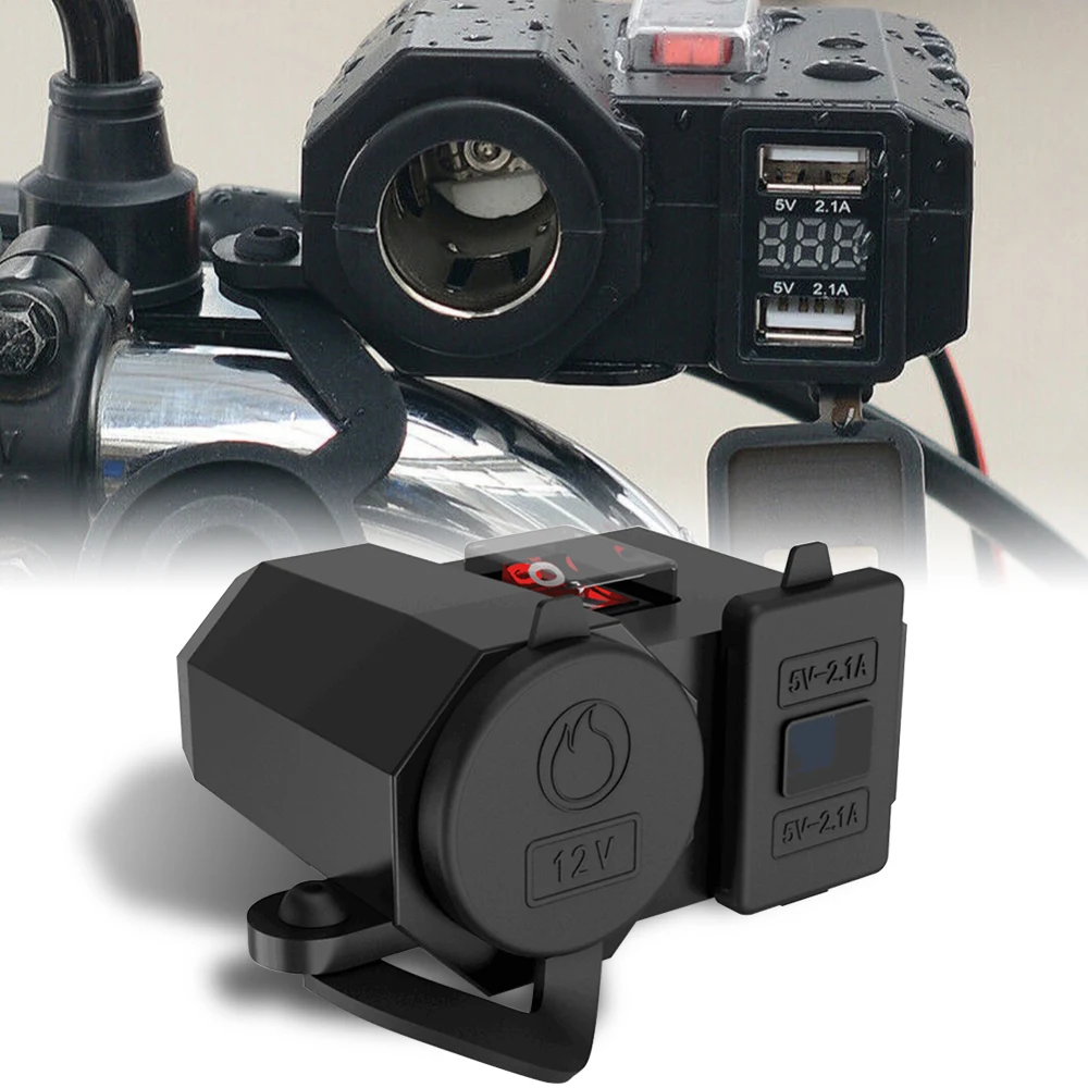 

Motorcycle Cigarette Lighter Socket Mobile Phone Dual USB Power Charger w Digital Voltmeter 5V 2.1A Outlet Port Accessories 12V