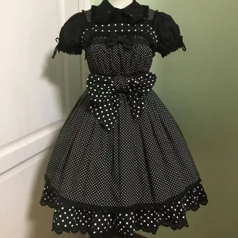 IMU Japanese Vintage Gothic Lolita Two Piece Set Women Sweet Puff Short Sleeves Shirts Polka Dot Print Strap Dress Harajuku Y2k