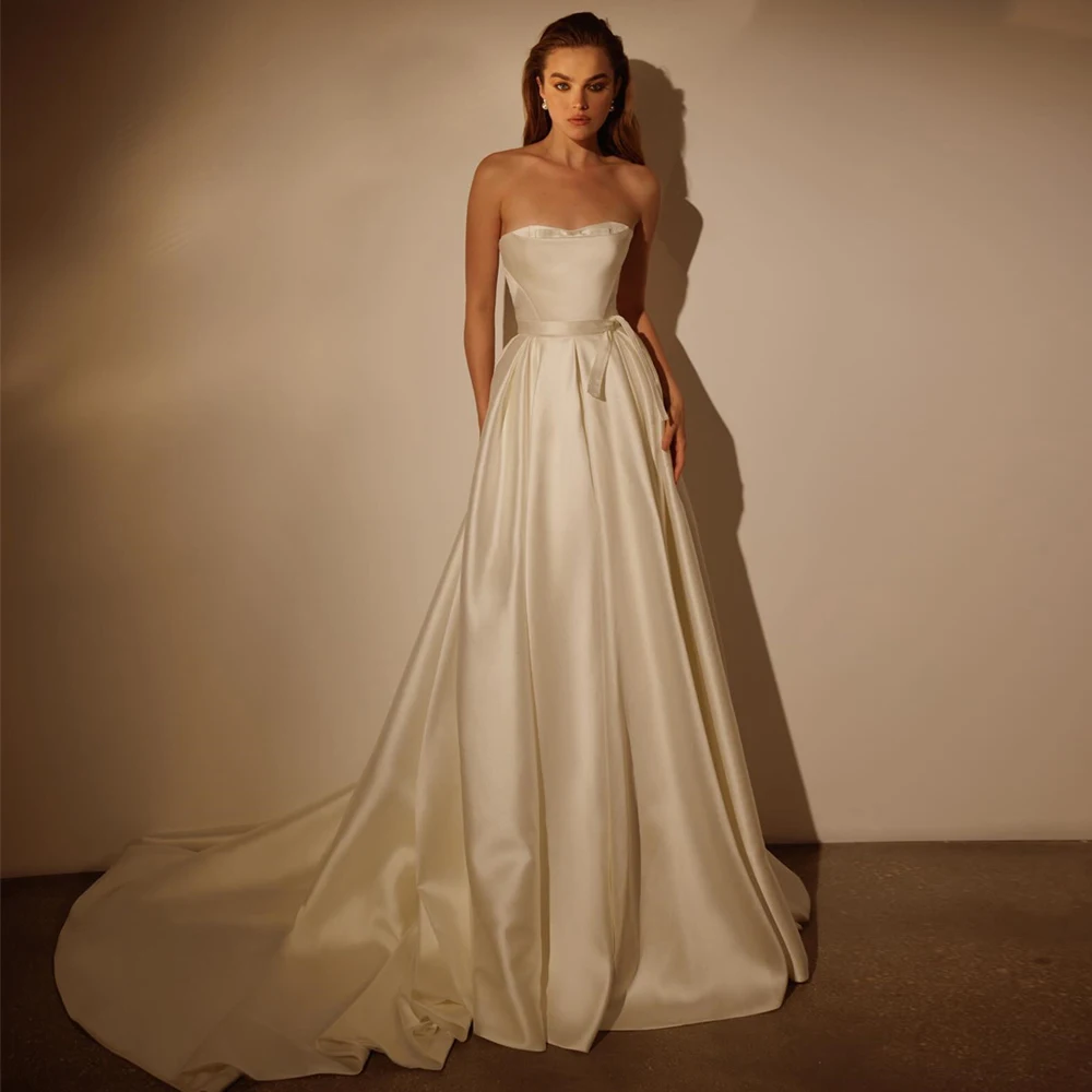 

Elegant A Line Satin Wedding Dresses Princess Strapless Bride Dress Tied Belt Bespoke Garden Country Bridal Gowns robe de mariée