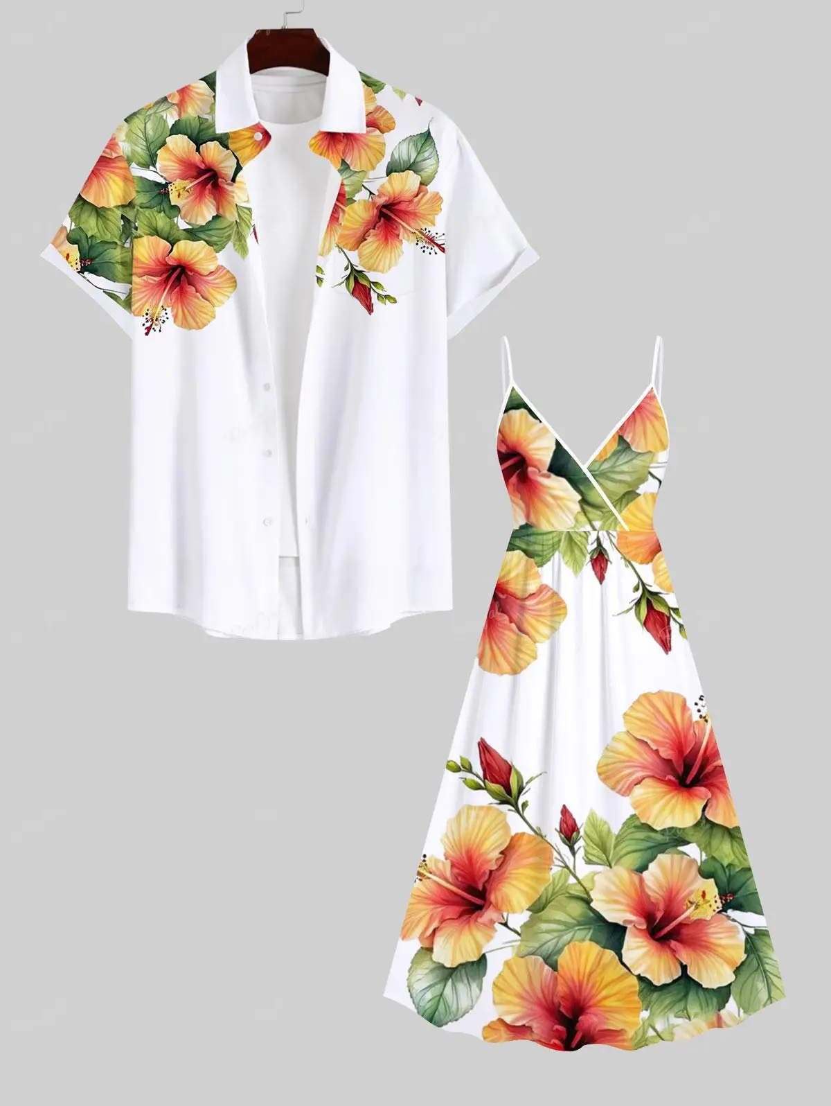 Matching Set Couples Clothes Hawaiian Casual Vacation Outfits New V Neck Women Cami Dress 3D Graphic Print Buttons Shirt For Men