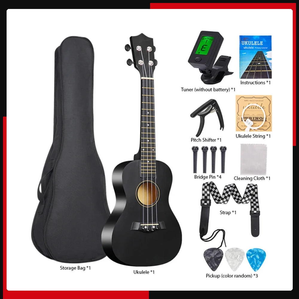 23-inch Ukulele Acoustic Ukulele Kit with Bag Strings Strap Bridge Needle Capo Pick Tuner All Basswood for Students Beginner