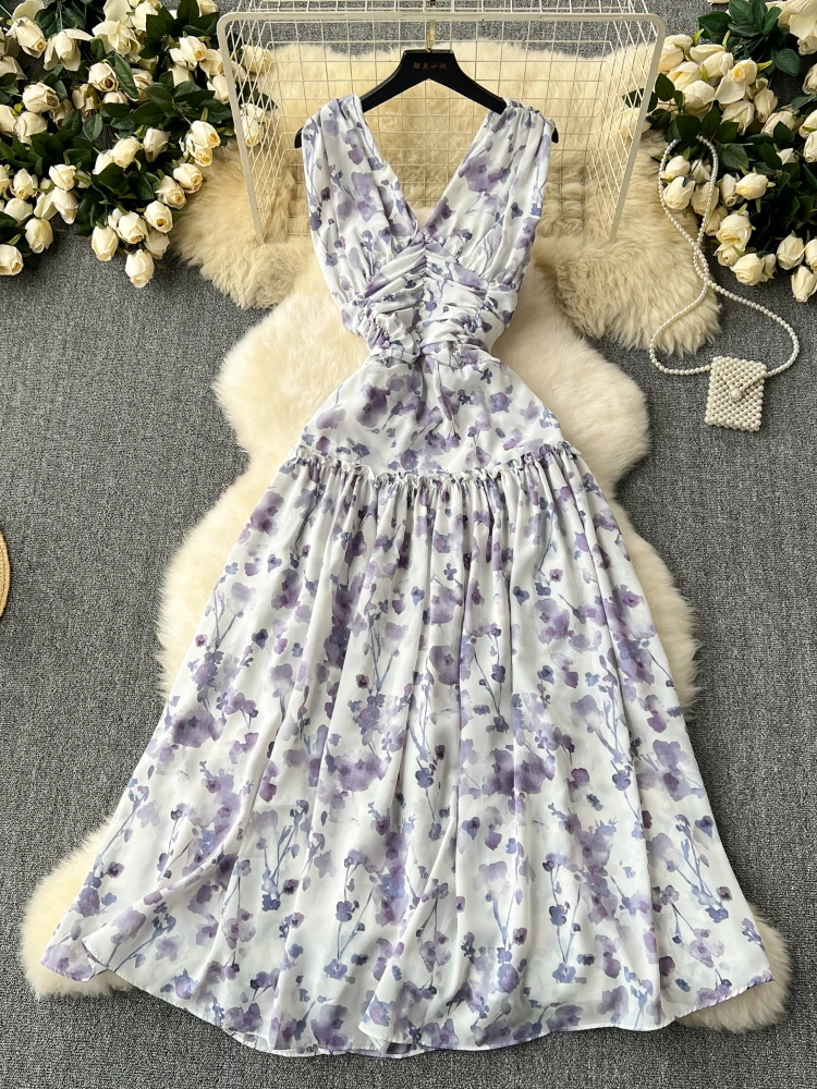 Elegant French Printed Dress Women Summer Pleated Slim A-line Sleeveless Floral Long Dresses Ladies Sexy V-neck Beach Long Robe