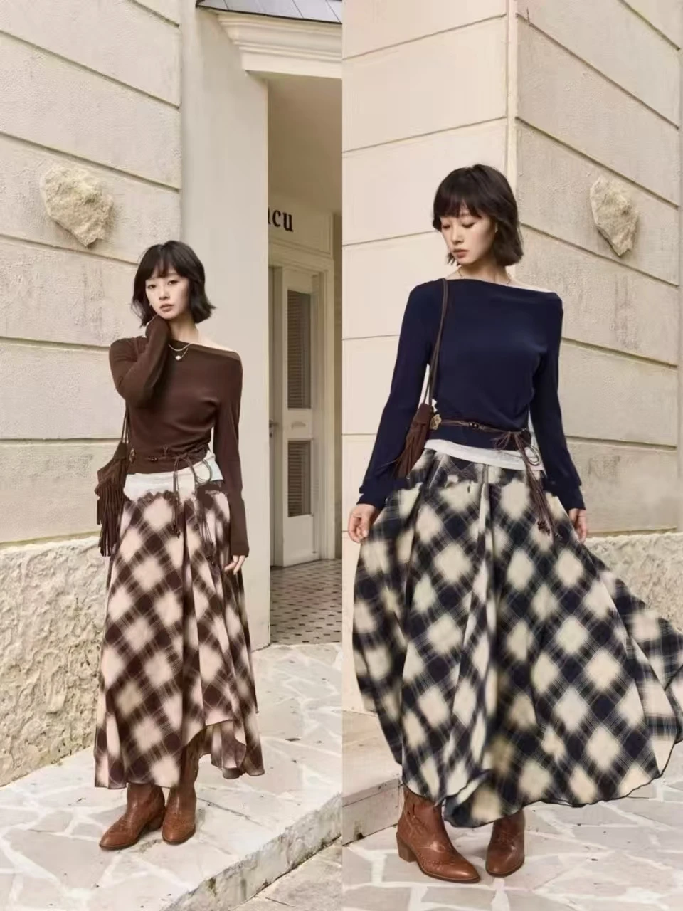

Women's Fashionable and Stylish Set Dress for Autumn 2025 - New Arrival, Long Sleeve Solid Color Blouse and Plaid Skirt Set, Two