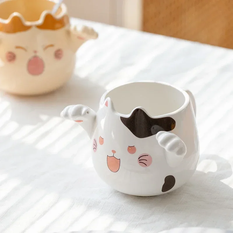 Cartoon Cute Cat Mugs with Spoons Creative Cat Paw Ceramic Mug for Coffee Tea Milk Oatmeal Large Capacity Animal Cups Funny Gift