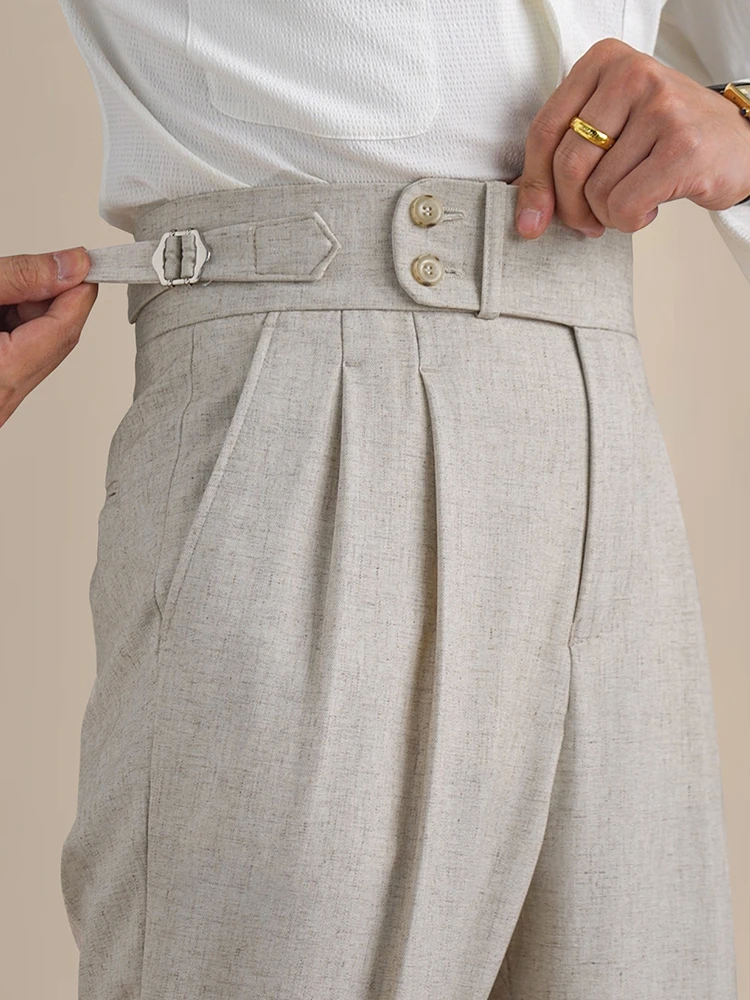 Naples Double Fold High Waist Linen Suit Pants For Men Summer Breathable Straight Leg Office Trousers Men Pantalon Costume Homme