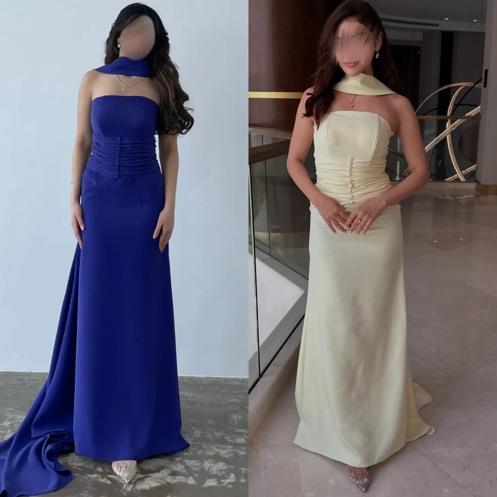 

Customized Jersey Pleat Button Strapless Trumpet Long Dresses Bespoke Occasion Woman Elegant Party Wedding Guest Dress Simple