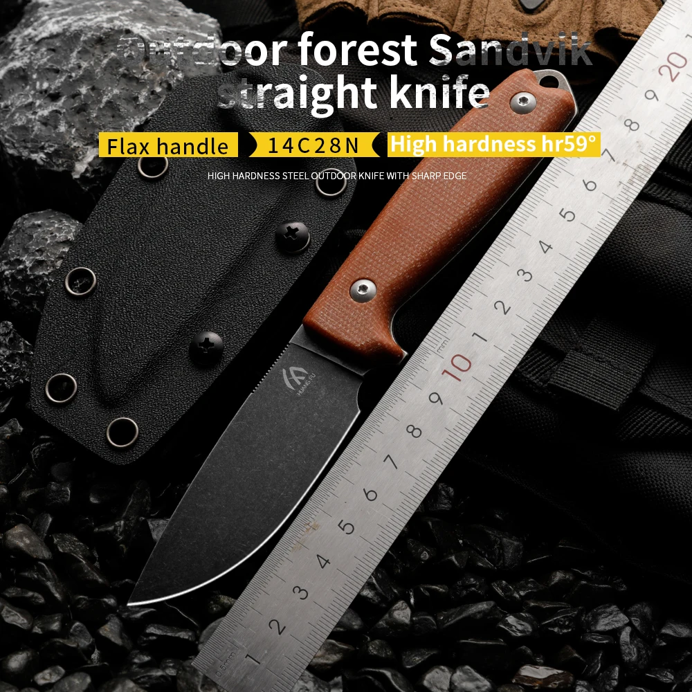 Huangfu Linen Fiber Handle 14C28N High Quality Steel Integrated Cutting Tool Outdoor Wilderness Survival Knife High Hardness Por