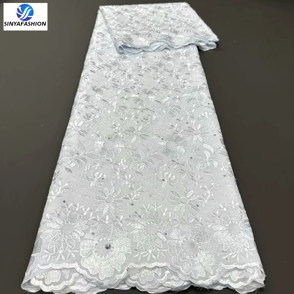 

White African Nigerian Cotton Lace Fabrics with Stones High Quality 5 Yards Embroidery Swiss Voile Lace In Switzerland For Women