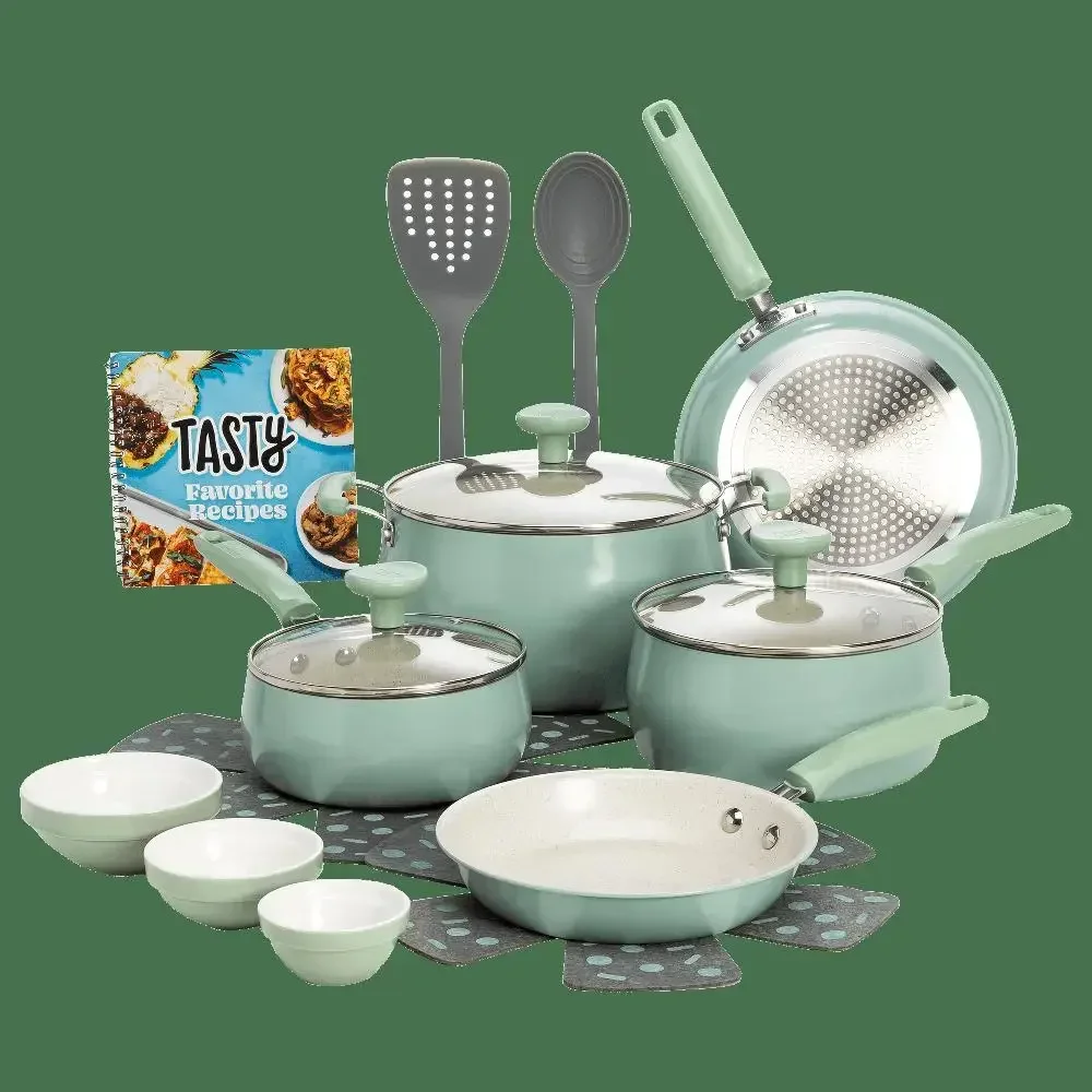 

16 Piece Aluminum Cookware Set Induction Safe Non-Stick Ceramic Coating Sage Green Stackable Design Easy Clean Heat Resistant