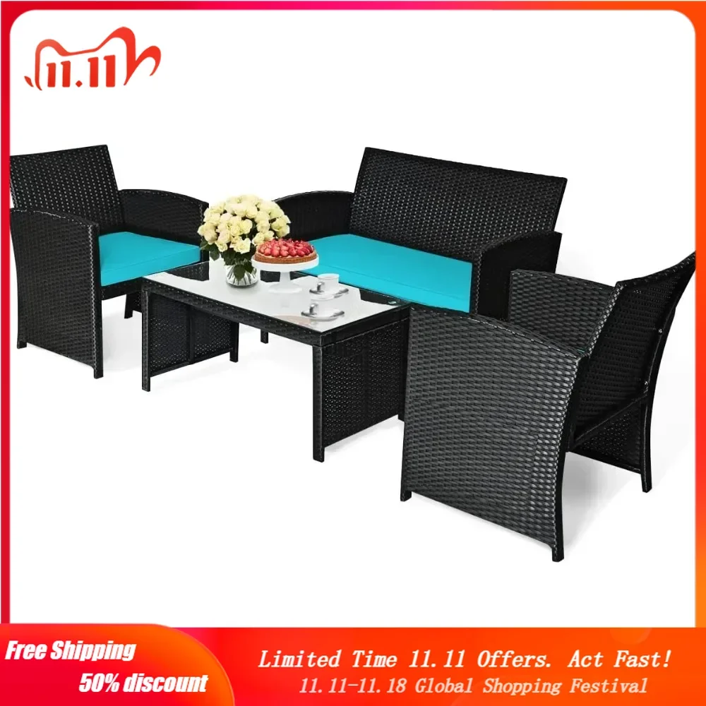 Outdoor Rattan Wicker Móveis Set, Pátio Conversação Set, Sofá e Mesa Almofadas