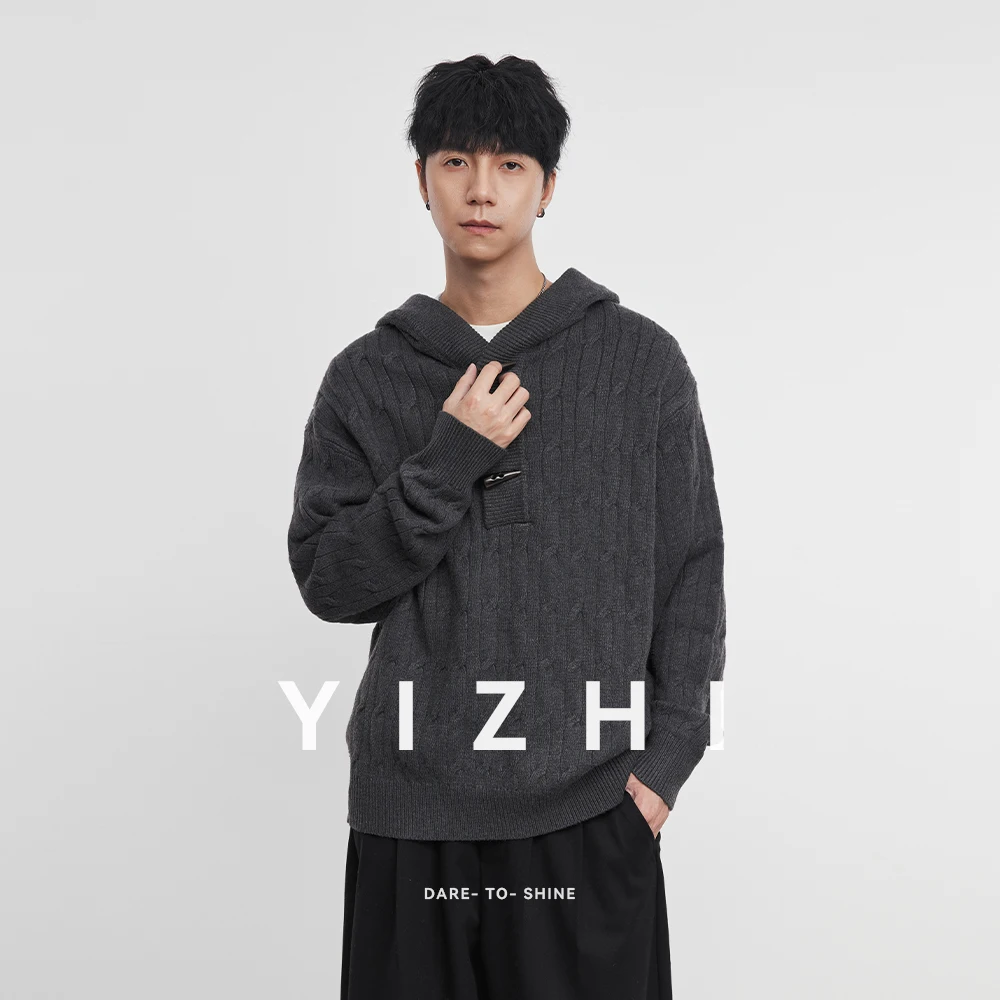 

Fashion Men's Casual Hooded Sweater 2025 Winter New Cable Knit Pullover Toggle Button Placket Soft Long Sleeve Jumper Top