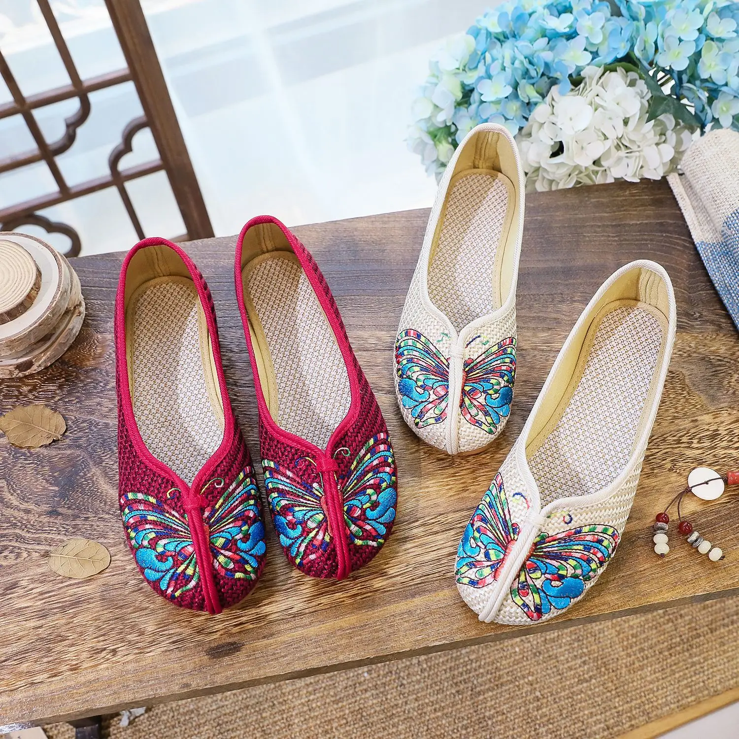 Size 34-41 Chinese Style Butterfly Cotton Linen Shoes Women Casual Summer Walking Shopping Travel Embroidered Ballet Flats