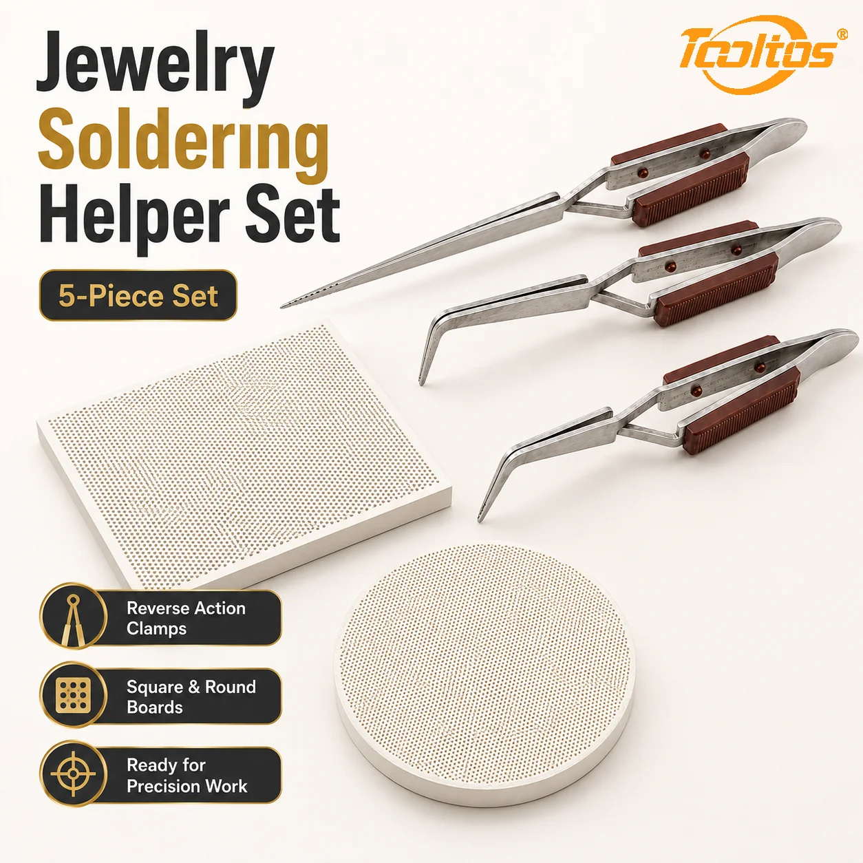 TOOLTOS 5PCS Jewelry Soldering Kit Self Locking Tweezers Straight Angled Right Angle with Square Round Honeycomb Ceramic Boards for Gold Silver Repair