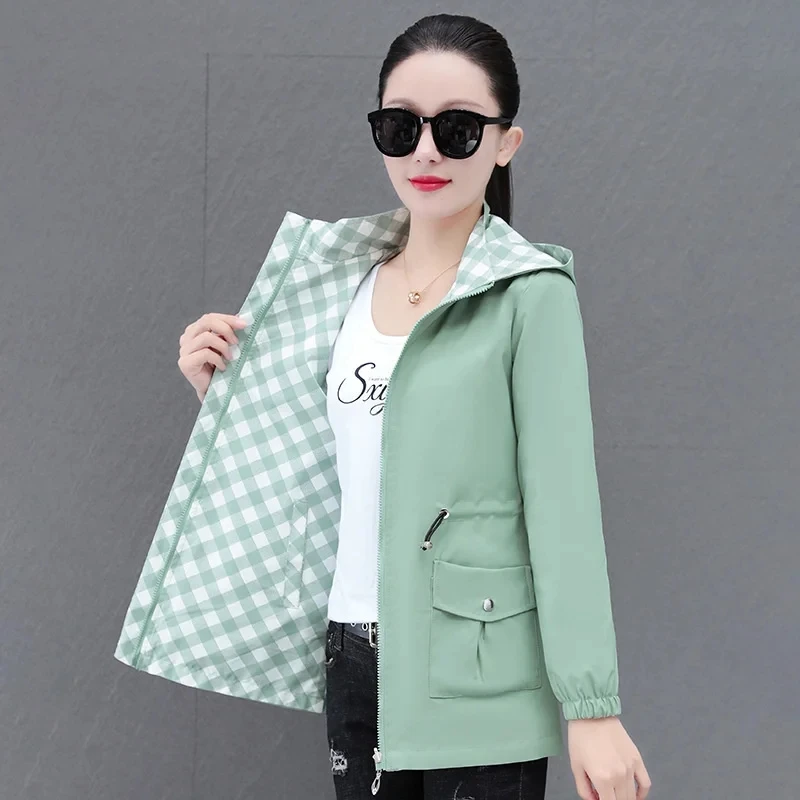 2024 New Korean Printing Double- Sided Trench Coat Womens Spring Autumn Hooded Windbreaker Jacket Female Slim Outerwear Tops 4XL