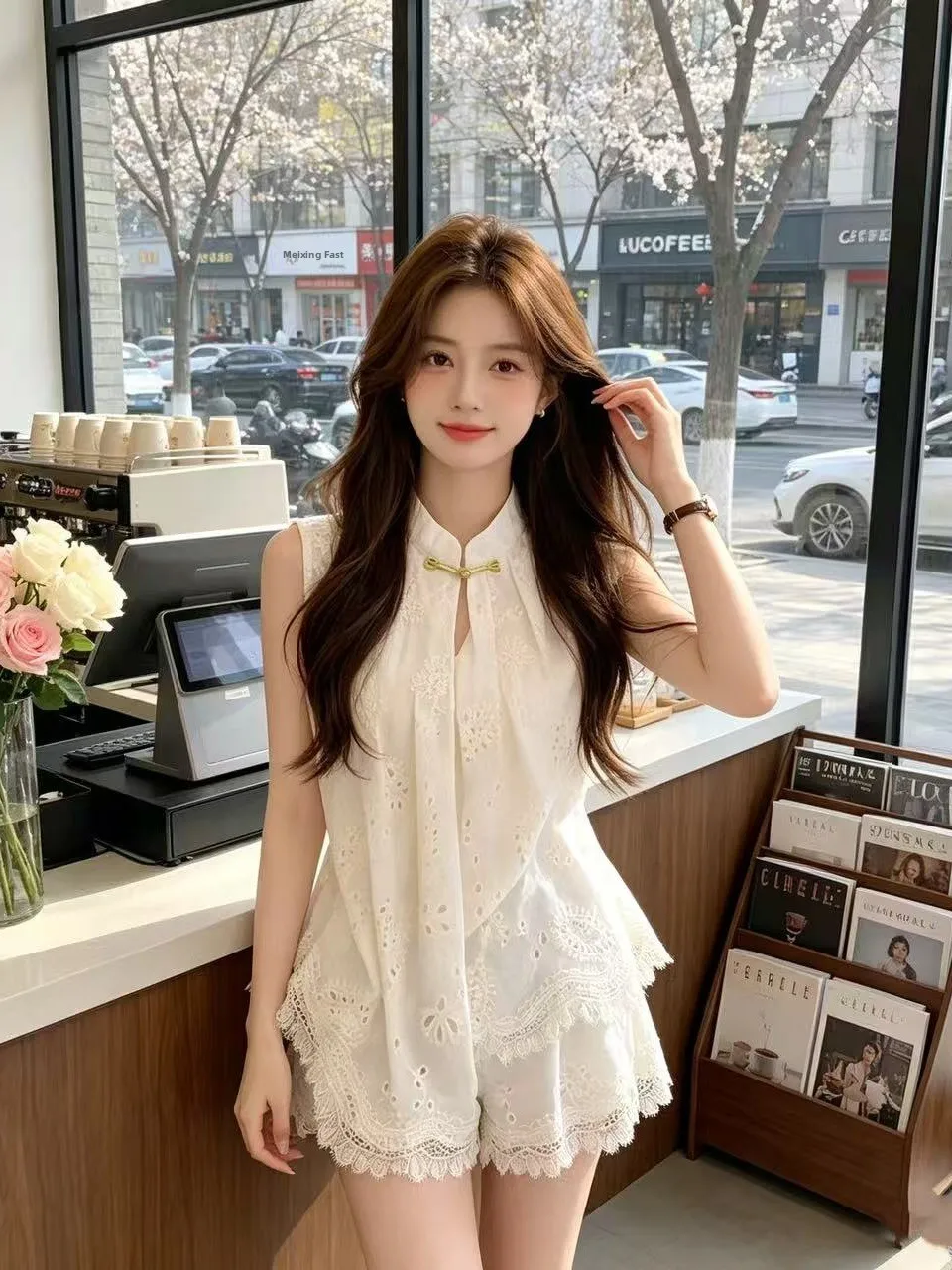 

New Chinese Style Sleeveless Lace Embroidery Hollow out Shirt Vest Women Summer Unique Loose Slimming Top Cotton Polyester Blend