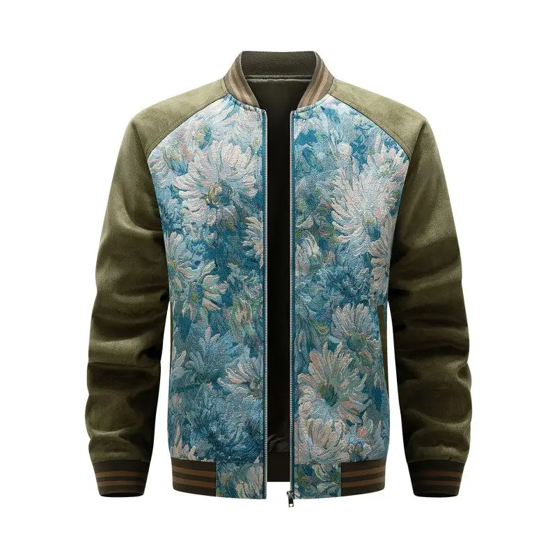

Men's Faion Stand Collar Long Sve Jaet with Button Detailing Embroidered Design Busin Casual Thiened Autumn Coat