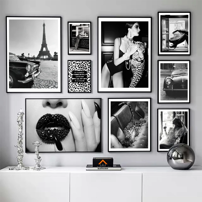 

Fashion Sexy Woman Leopard Poster Canvas Painting Wall Art Vintage Black and White Photography Pictures Modern Living Room Decor