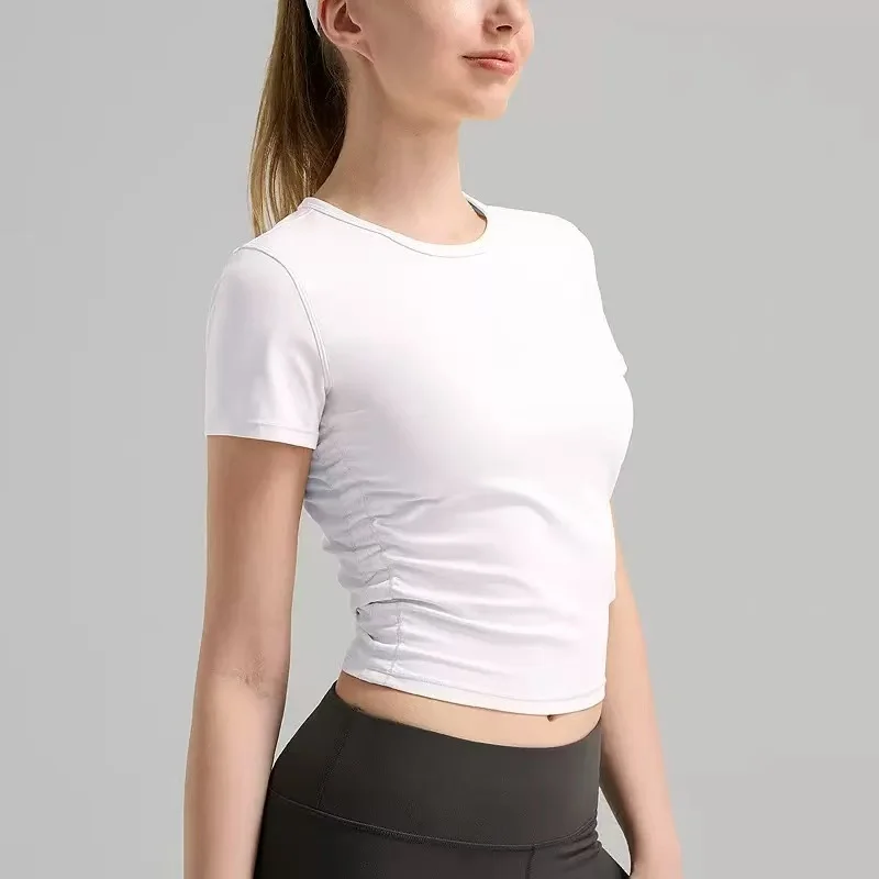 Women Ribbed Knit Ruched Waist Yoga Top Slim Fit Buttery Soft Quick Dry Gym Pilates Activewear