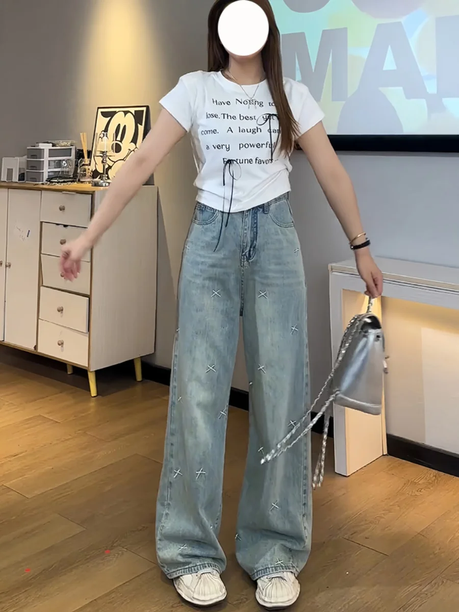 

Джинсы женские летние с высокой талией, свободного кроя, из светлого денима, больших размеров, для фигуры типа «груша», с эффектом похудения, широкие брюки