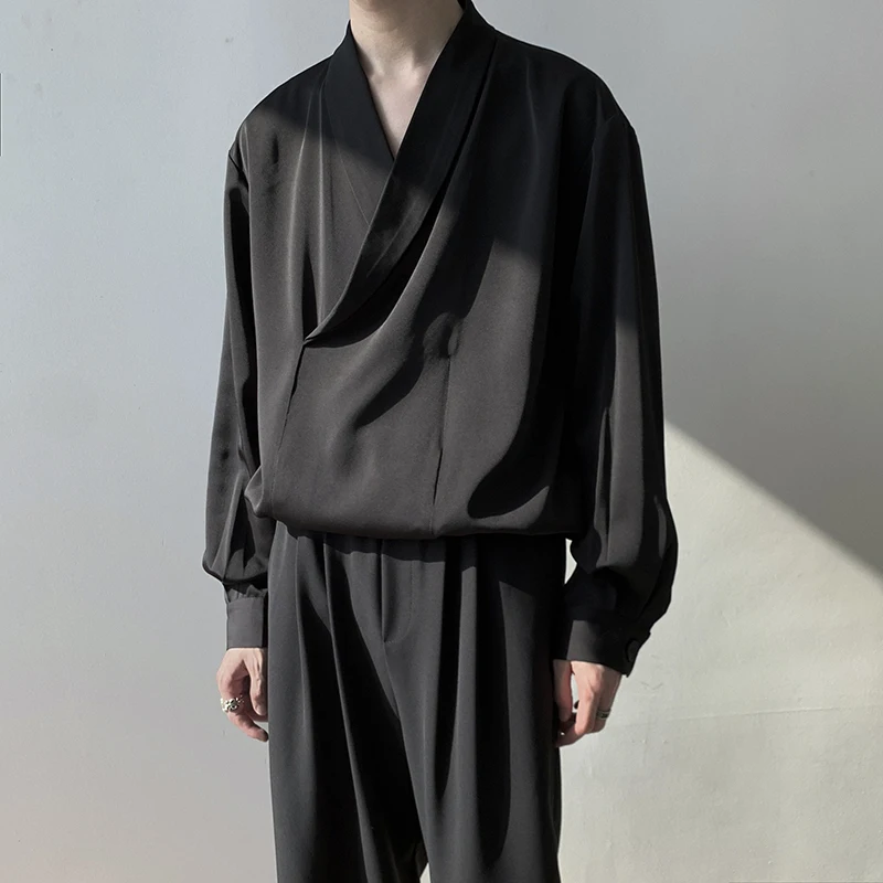 

Fall Trendy Men's irt Draped Luxury Couple Design Sensation Fairylike Casual Faion Long Sve French Sle Pure Color