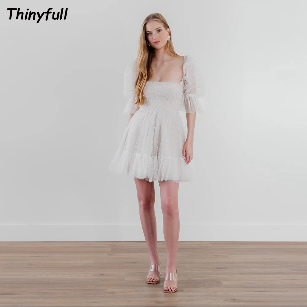 

Thinyfull A-line Short Wedding Dresses Strapless Puffy Sleeves Beading Wedding Party Dress 2024 Tulle Women Beach Bridal Gowns