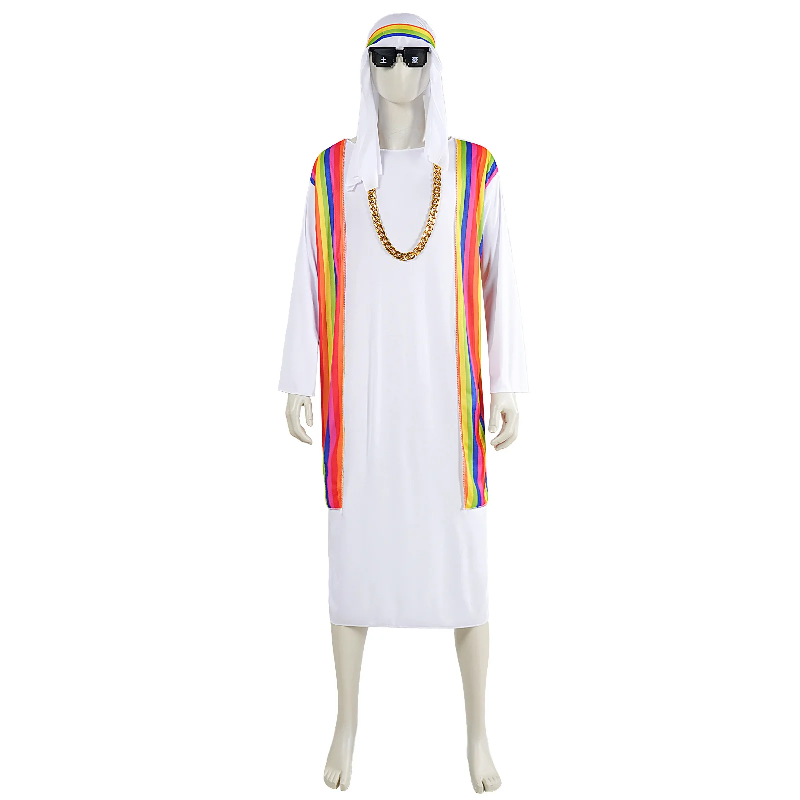 

Хэллоуин Арабский костюм Ближний Восток Богатый мужчина Дубай Принц Представление Радужный полосатый халат Маскарадная вечеринка Косплей Костюм