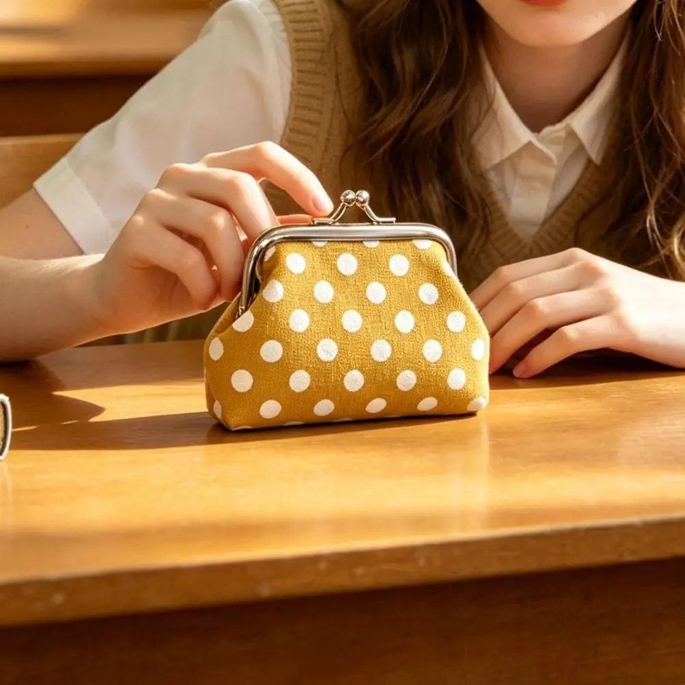 Kiss Lock Closure Polka Dot Coin Purse Square Shape Lightweight Travel Cosmetic Bag Multifunctional Compact