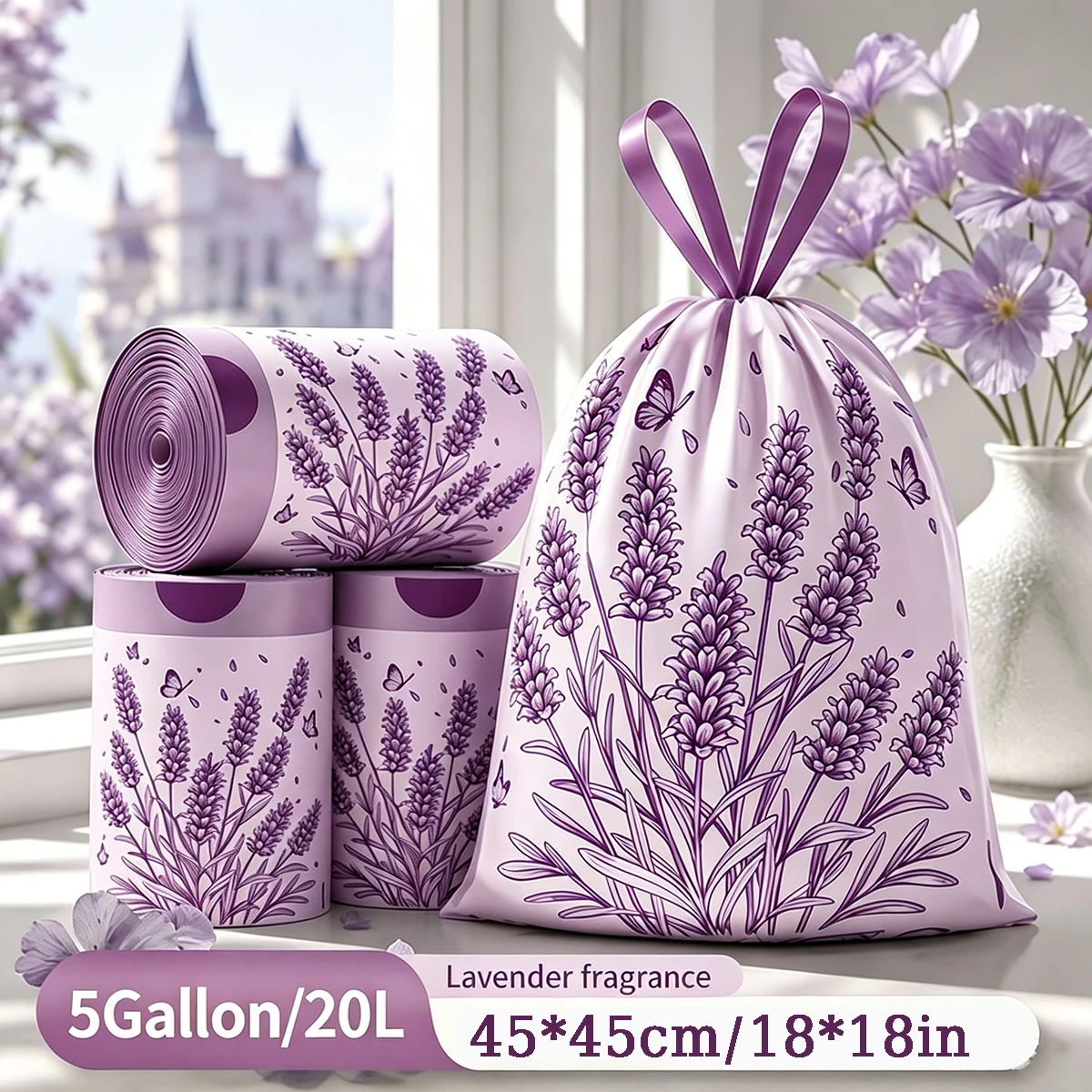 20L Lavender Scent Drawstring Garbage Bags No Tear Thick Printed Household Waste Bags